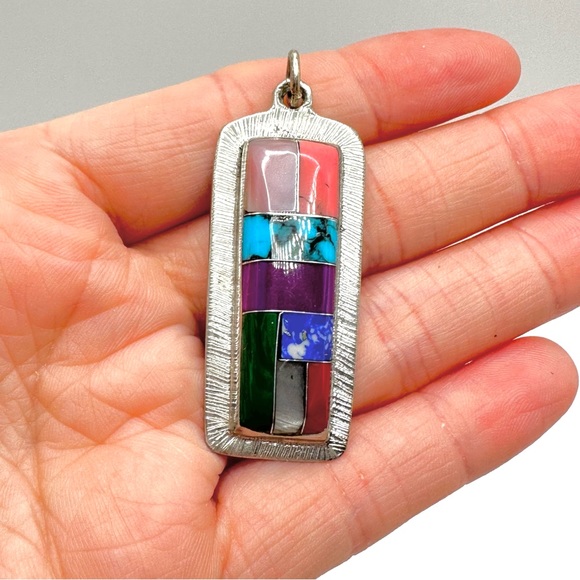 Native Inspired Stone Inlay Pendant Colorful Geometric Silver Tone - Picture 3 of 5